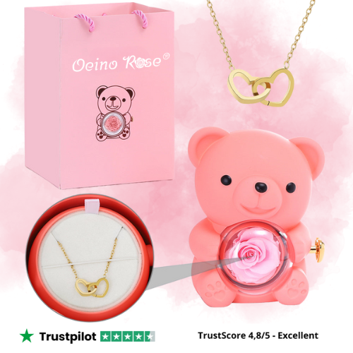 Oieno- Collier avec ours en rose éternelle gravé