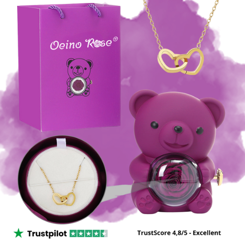 Oieno- Collier avec ours en rose éternelle gravé